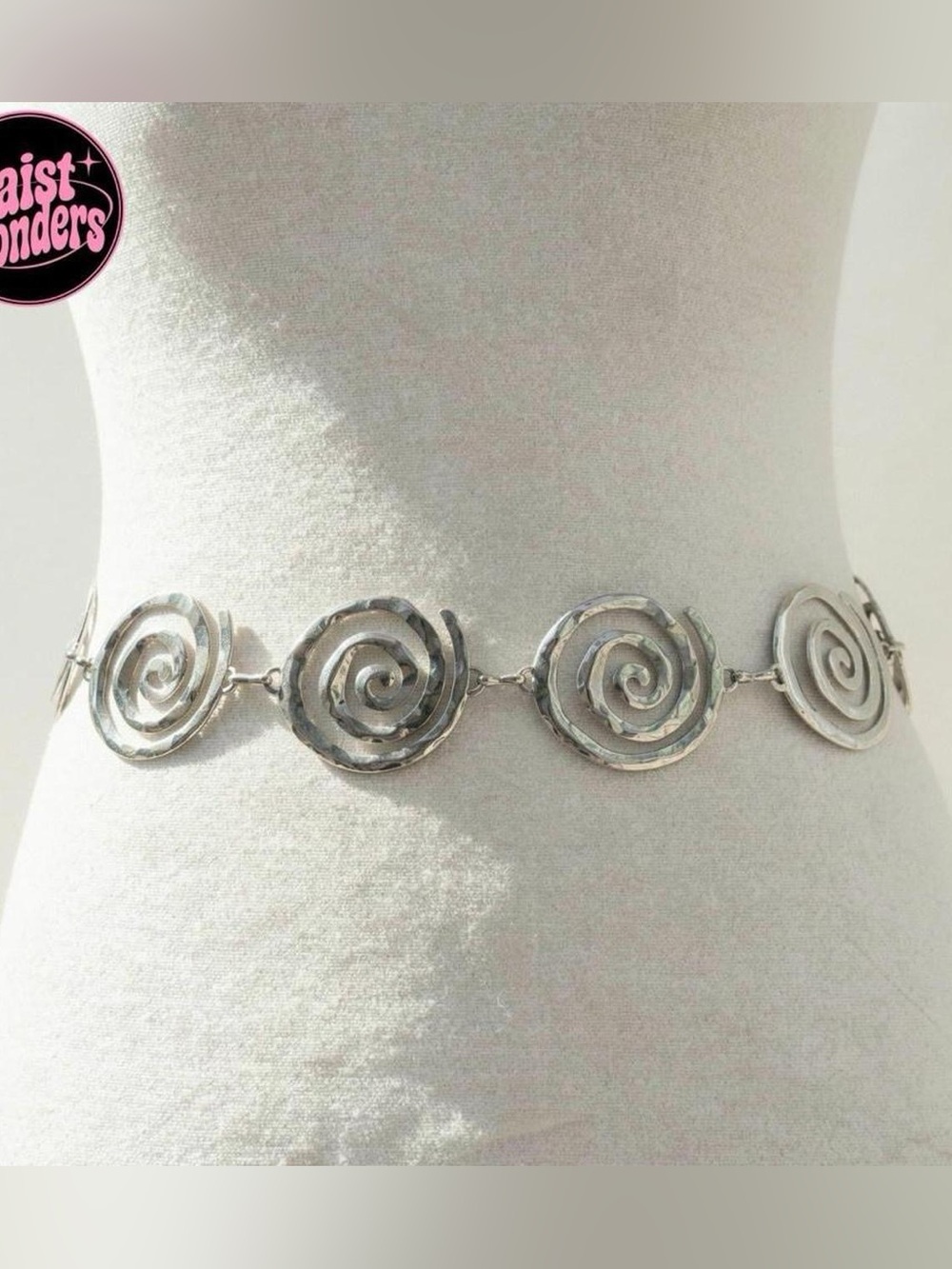 Y2k 2000s style Silver tone swirl spiral belt with lobster clasp closure